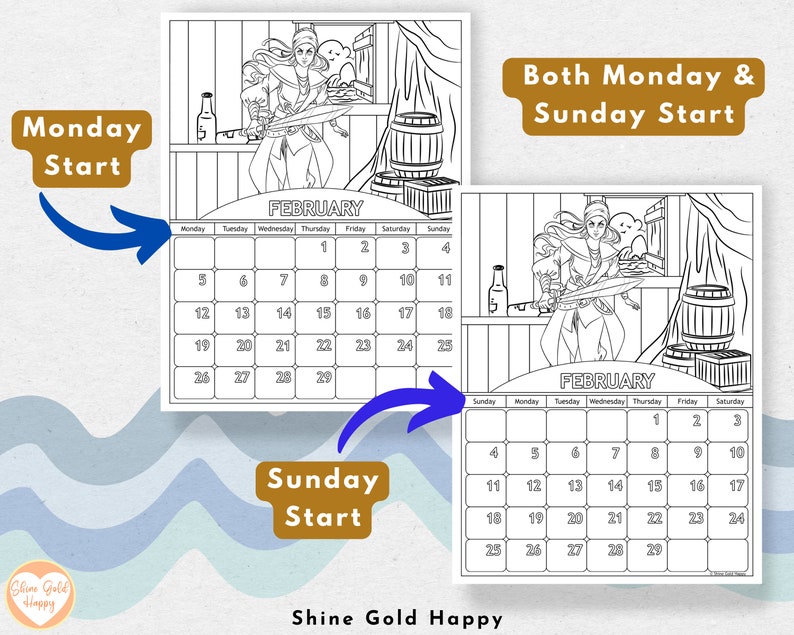 2025 Pirates Coloring Calendar, Printable Calendar 2025, PDF Digital