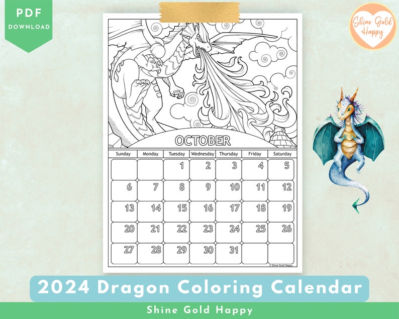 2024 Dragons Coloring Calendar, Printable Calendar 2024, PDF Digital