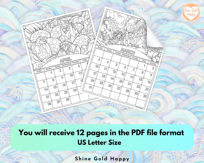 2024 Dragons Coloring Calendar, Printable Calendar 2024, PDF Digital