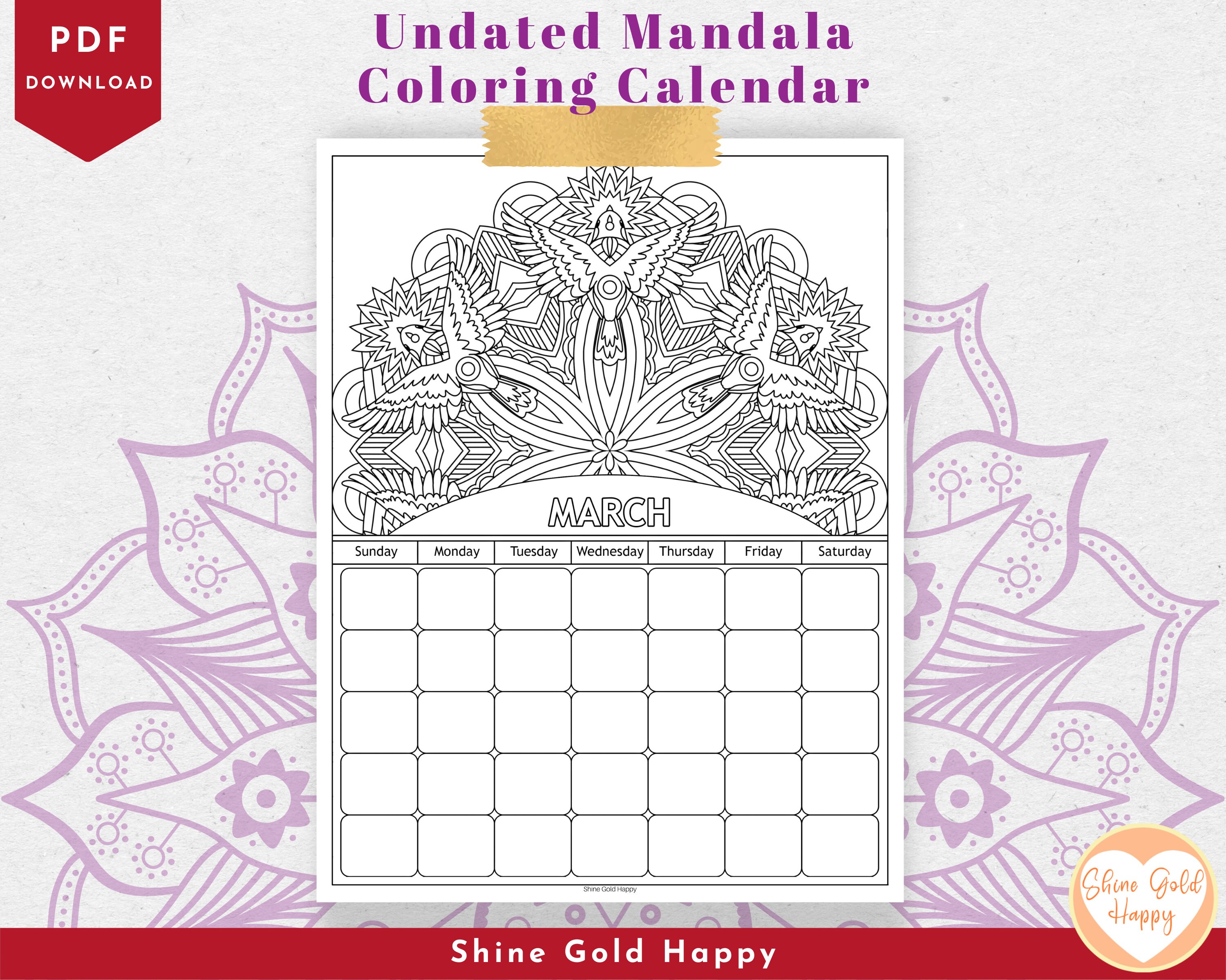 Undated Mandala Coloring Calendar PDF Digital Download Printable - Etsy UK