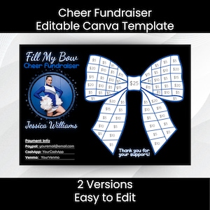 Puede incluir: Una plantilla de recaudación de fondos de porristas en negro y azul con un gráfico de lazo. La plantilla incluye una foto de una animadora, el texto "Fill My Bow Cheer Fundraiser" y cantidades de donación. El texto inferior dice "2 Versions Easy to Edit."