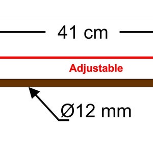 May include: A brown wooden rod with two gold-colored spheres on the ends. The rod is 41 cm long and has a diameter of 12 mm. The rod is adjustable and can be extended to a length of 10 cm. The rod is attached to a wooden block that is 10 cm tall.