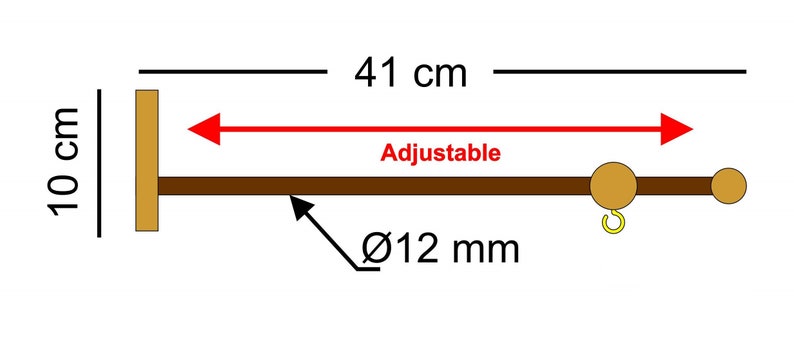 May include: A brown wooden rod with two gold-colored spheres on the ends. The rod is 41 cm long and has a diameter of 12 mm. The rod is adjustable and can be extended to a length of 10 cm. The rod is attached to a wooden block that is 10 cm tall.
