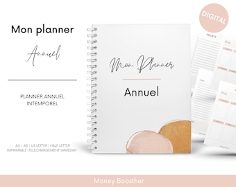 PLANIFICADOR ANUAL PARA IMPRIMIR| Organizador descargable| Planificador mensual rosa| Planificador anual en francés| PDF| A5| A4| Carta de nosotros | Media letra