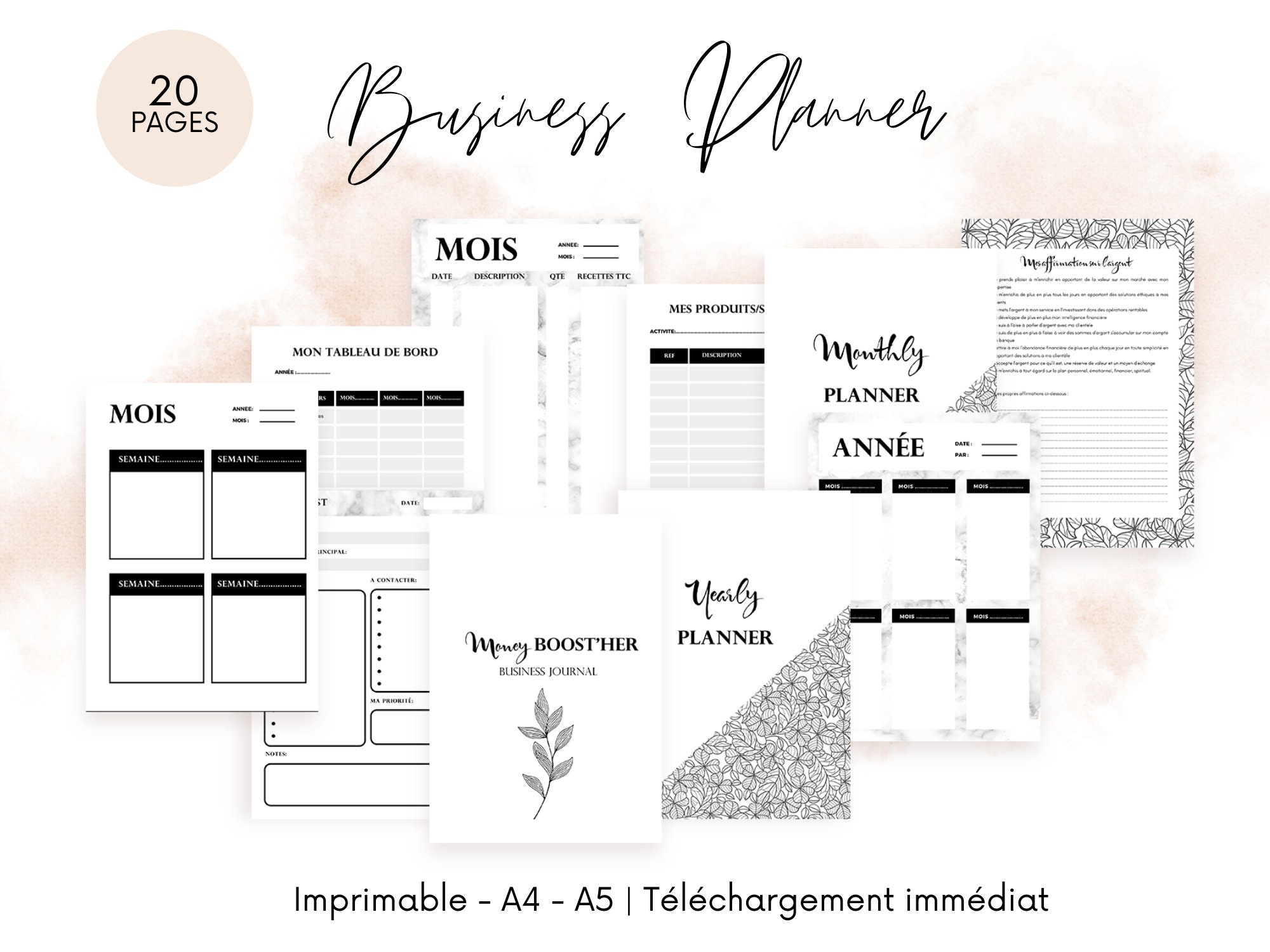 Planificador financiero de mármol imprimible con cita inspiradora, seguimiento de ingresos, gastos, presupuesto anual, descargable en A4, A5