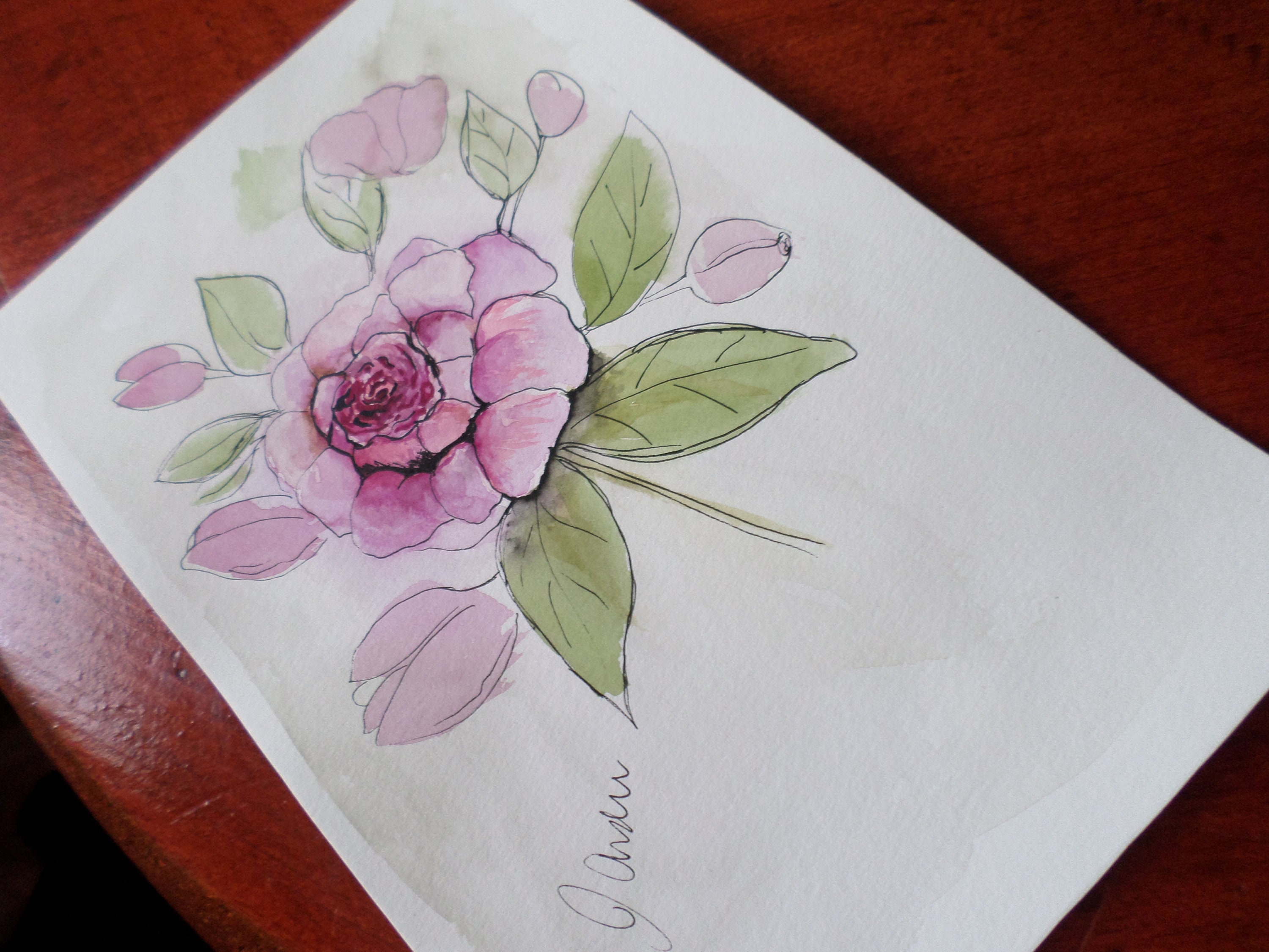 Original by Jamie Anderson Roses 9x6 Line and Wash Botanical Art