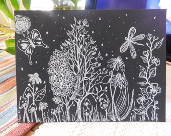 Magical Midnight Doodle, Botanical Art, White Ink Original by Jamie Anderson