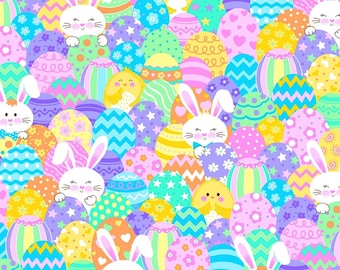 Freckle and Lollie - Spring Hoppy Eggs Easter Cotton Fabric by the Yard or Selected Length -FLSH
