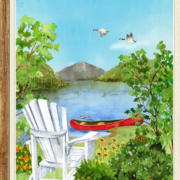 Henry Glass -Dockside Lake Scenic Landscape Nature Adirondack Chair Fabric Panel 30"x43" - 9781P-16