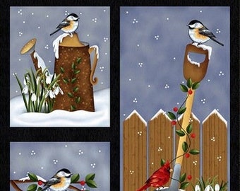 Henry Glass Co - Frozen in Time Chickadee Blocks Panel 24"x44"100% Cotton Quilting Fabric HG-2709P-99 Black