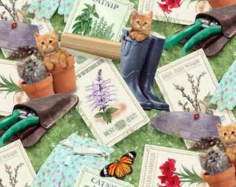 Kittens in the Garden Cotton Fabric – Seed Packs Print
