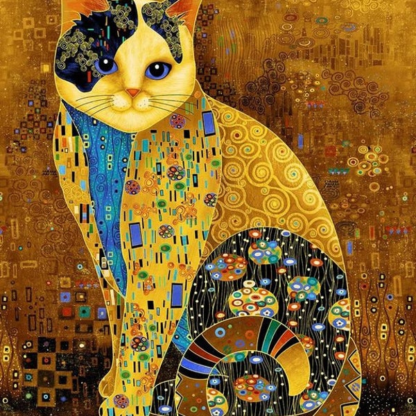 Timeless Treasure - Golden Bejeweled Cat Panel 24" x 42" Cotton - CM1880