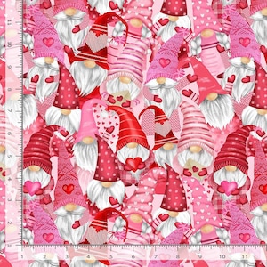 Valentine&#39;s Gnomes Fabric by The Yard, Pink Red Cotton or Selected Length -CD1708 - Timeless Treasure