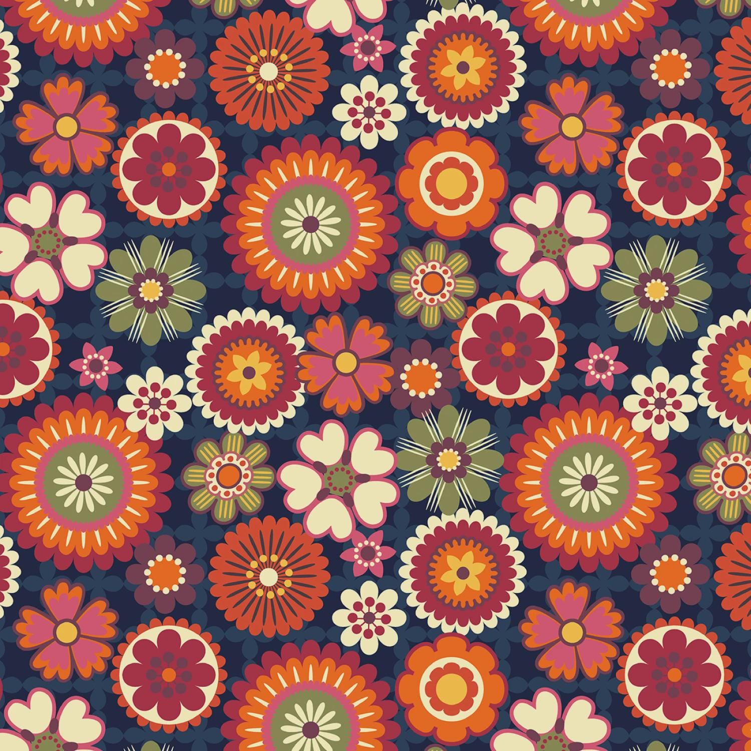 Michael Miller - Navy Groovy Blooms Spring Cotton Fabric by the Yard ...
