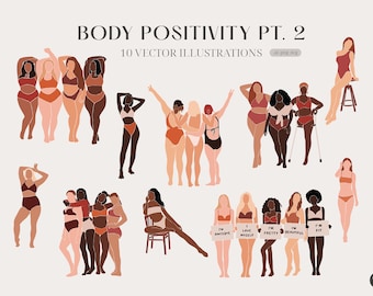 May include: A set of 10 vector illustrations featuring diverse women in various poses, celebrating body positivity. The illustrations are in a minimalist style with muted colors and simple lines. The women are wearing swimsuits and holding signs with positive messages like "I'm Awesome", "I Love Myself", "I'm Pretty", "I'm Beautiful", and "I'm Fit".