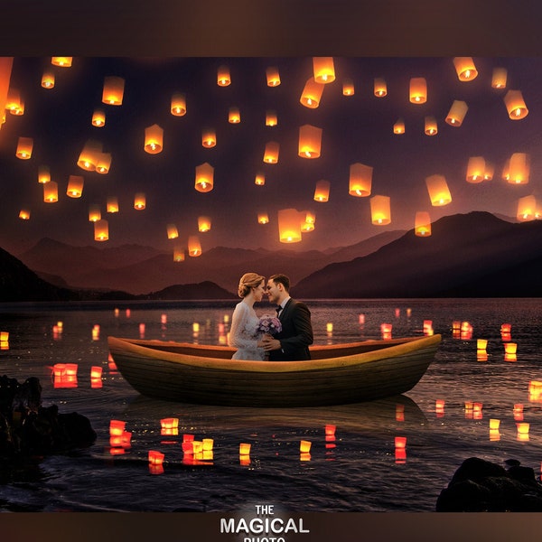 Sky Lanterns Digital Background, Digital Backdrop,Floating lantern, for Composite Photoshop, Photography, Wedding, Couple, Princess theme.