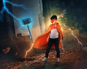 Superhero Digital Background, Digital Backdrop, for Composite Photoshop, Overlay, Hammer, Lightning, City, Superhero theme.