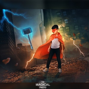 Superheld Digitaler Hintergrund, Digitaler Hintergrund, für Composite Photoshop, Overlay, Hammer, Blitz, Stadt, Superheld Thema.