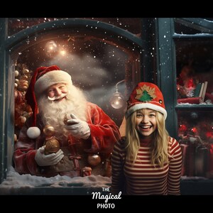 May include: A smiling girl wearing a red and white striped jumper and a red and green Santa hat with a small Christmas tree design stands in front of a window. Santa Claus is visible in the window behind her, holding a golden bauble.