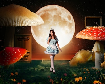 Wonderland Digital Background, Digital Backdrop, for Composite Photoshop, Photography, Cosplay, Mushrooms, Fantasy, Moon, Wonderland theme.