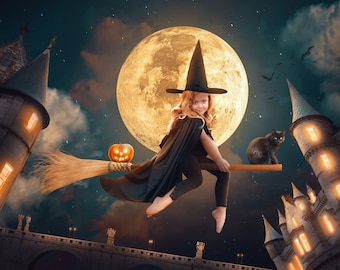 Halloween, Witch, Wizard Digital Backdrop, Digital Backdrop, for Composite Photography, Riding Flying Broomstick, Halloween Theme (JPEG)