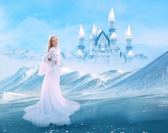 Plano de fundo digital de castelo de gelo, cenário digital, para Photoshop composto, inverno, neve, princesa, tema congelado.
