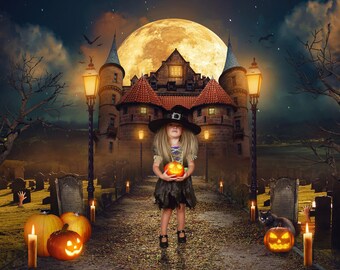 Halloween, cyfrowe tło zamku czarownicy, cyfrowe tło, do kompozycji w Photoshopie, fotografii, dyni, cmentarza, motywu Halloween.