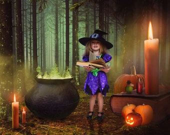 Cyfrowe tło Halloween z kotłem czarownicy, tło do kompozycji w Photoshopie, nakładka, tło do fotografii (JPEG)