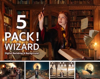 Wizard Bundle Digital Backgrounds, Backdrops Set, For Photography Compositions, Overlay, Train, Owl, Magical, Wizard School Theme (5 PACK)