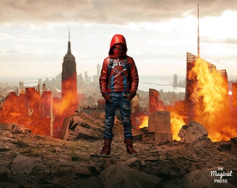 Superhero Digital Background, Digital Backdrop, for Composite Photoshop, Overlay, City, Building, Fire, Superhero theme.