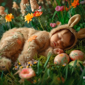 Newborn Digital Background, Digital Backdrop, Add Face, Face insert, Baby, Floral, Flowers, Easter Rabbit, Easter Bunny, Easter Egg.
