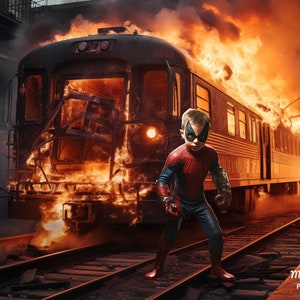 Fondo digital de superhéroe, telón de fondo digital, para Photoshop compuesto, superposición, metro, tren, fuego, explosión, ciudad, tema de superhéroe.