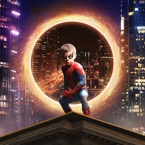 Superheld, Multiverse, digitaler Hintergrund, digitaler Hintergrund, für zusammengesetzte Photoshop, Nachtstadt, Dach, Cosplay, Superheldthema.