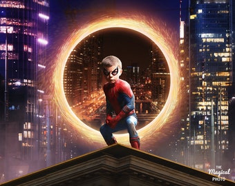 Fondo digital de ciudad nocturna de superhéroes, composición para Photoshop (descarga digital)