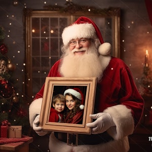 Santa sosteniendo una fotografía de marco, fondo digital de Navidad, telón de fondo digital, para Photoshop compuesto, Santa Claus, plantilla, superposiciones.