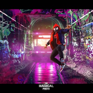 Superhero Digital Background, Digital Backdrop, for Composite Photoshop, Night City, Train, Cosplay, Building, Graffiti, Superhero theme.