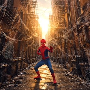 Könnte beinhalten: Eine Person in einem rot-blauen Spider-Man-Kostüm steht in einer hockenden Pose in einer engen Gasse mit Backsteinwänden. Die Szene ist mit dichten Spinnweben zwischen den Gebäuden gefüllt, während helles goldenes Licht am Ende leuchtet.