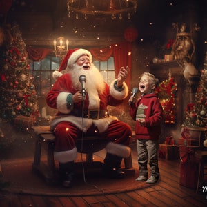 May include: Santa Claus in a red suit and hat sings into a microphone, seated on a wooden bench. A young boy in a red sweater joins in, holding a microphone. Christmas trees and gifts decorate the room, creating a festive holiday scene.