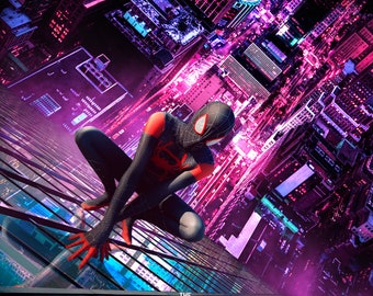 Fondo digital de ciudad nocturna con superhéroes en la azotea (JPEG)