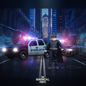 Superhero Digital Background, Digital Backdrop, Police Car, for Composite Photoshop, Overlay, Night City, Cosplay, Superhero theme.