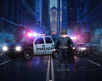 Superhero Digital Background, Digital Backdrop, Police Car, for Composite Photoshop, Overlay, Night City, Cosplay, Superhero theme.