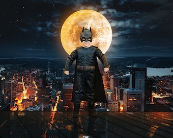 Fondo digital de paisaje urbano de superhéroes, fotografía compuesta (descarga digital)