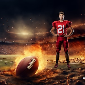 Football Digital Background, Digital Backdrop, Photography, for Composite Photoshop, Overlay, Football on Fire, Field, Stadium, Sport theme.