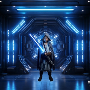 May include: A child in a hooded robe holding a glowing blue lightsaber in a futuristic, blue-lit environment. The scene evokes a science fiction theme, with the child standing in a metallic, high-tech corridor. The image has a cinematic quality.