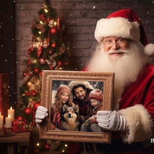 Papai Noel segurando uma moldura fotográfica, fundo digital de Natal, cenário digital, para Photoshop composto, Papai Noel, modelo, sobreposições.
