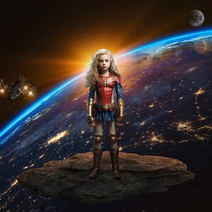 Puede incluir: Una persona joven vestida como un superhéroe se para en una roca en el espacio. La persona lleva un traje rojo, azul y dorado con una capa. La persona está mirando a la cámara. El fondo es un espacio azul oscuro con un planeta y una luna en la distancia.