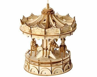 Merry Go Round Wooden Model Kit Carousel Laser Cut Puzzle Robotime Craft DIY Toy Fun Fair Carnival