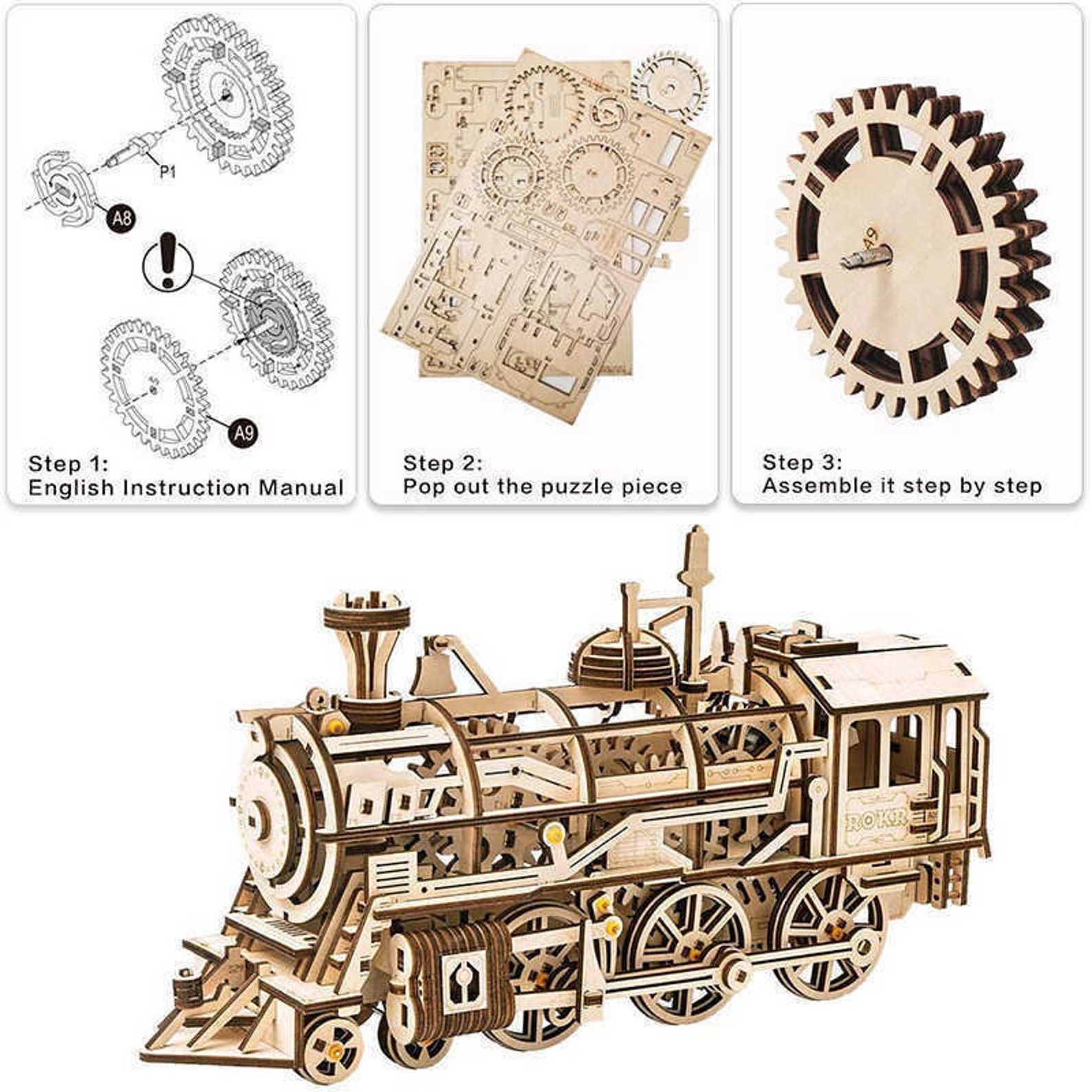Wooden Train Model Kit Working Spring Drive Laser Cut Toy Etsy