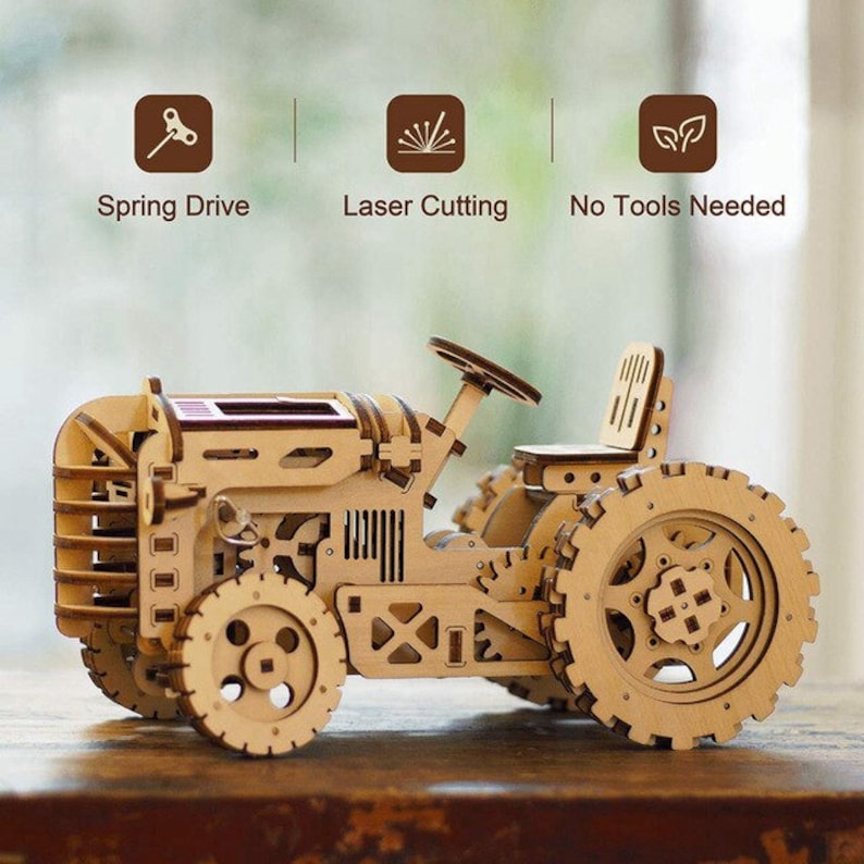 TRACTOR Working Wooden Model Kit Springdriven. Laser Cut Etsy