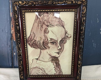 Original portrait of young girl in brown ink signed by the artist